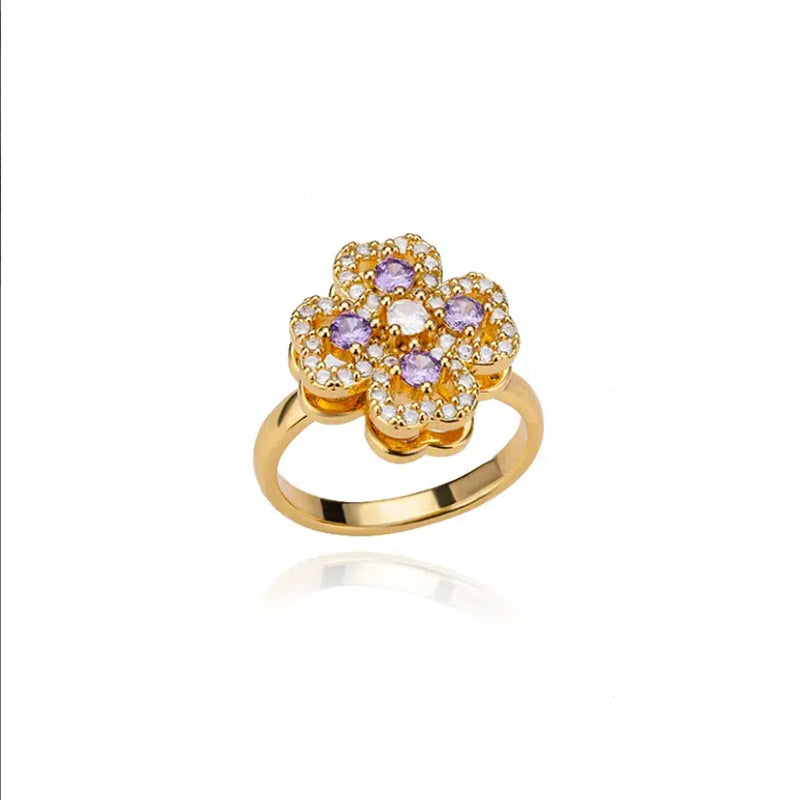 Golden Clover Rotate Rings For Women,Zircon Stainless Steel Open Adjustable Ring Golden Gift Jewelry