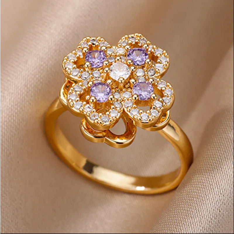Rotate Rings For Women,Zircon Stainless Steel Open Adjustable Ring  Gift Jewelry